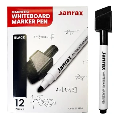 Image of Janrax Pack of 12 Magnetic Whiteboard Black Marker Pens with Dry Wipe Eraser