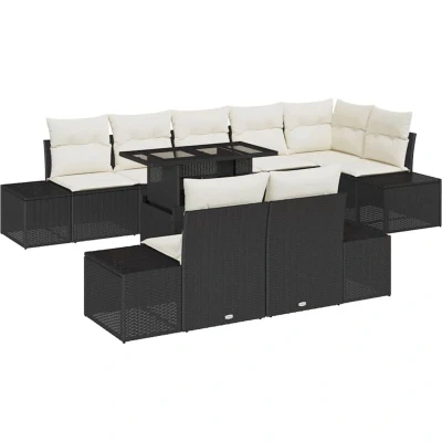 Image of vidaXL 9 Piece Garden Sofa Set with Cushions Black Poly Rattan