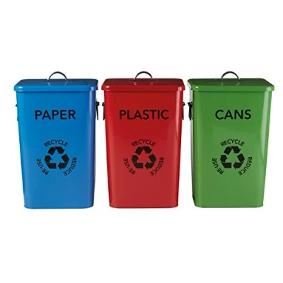 Image of Premier Housewares Plastic, Paper and Cans Recycle Logo Bins Multi Colour, Set of 3