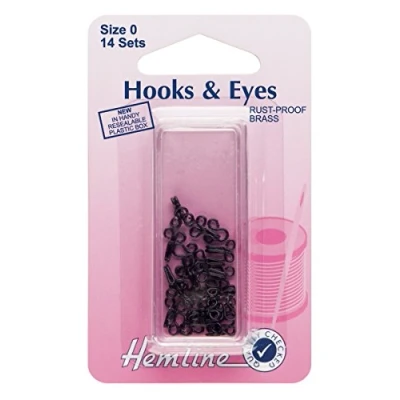 Image of Hemline H401.0 Black/Brass Rust Proof Hook/Eyes Size 0 14 Sets in a Plastic Box by