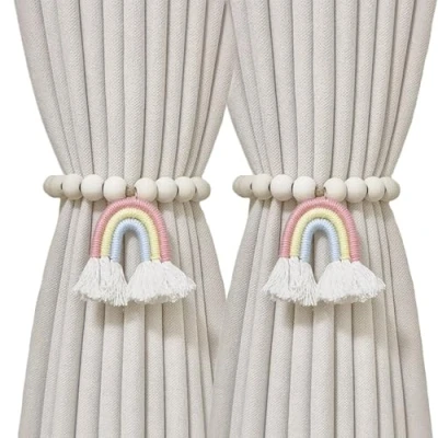 Image of 2 Pieces Tie Backs for Curtains,Wooden Beaded Curtains, No Punching Curtain Holdbacks Window Treatment Bedroom Nursery Farmhouse Boho Decor