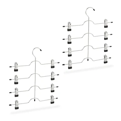 Image of Relaxdays Multi Coat Hanger Set of 2, Holder for Skirts or Pants with Clips, Compact, Non Slip, Silver