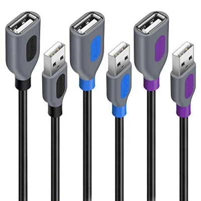 Image of Fasgear USB 2.0 Extension Cable, 3 Pack 3ft A Male to Female Charging and Syncing Extender Cord (Black &amp; Purple Blue)
