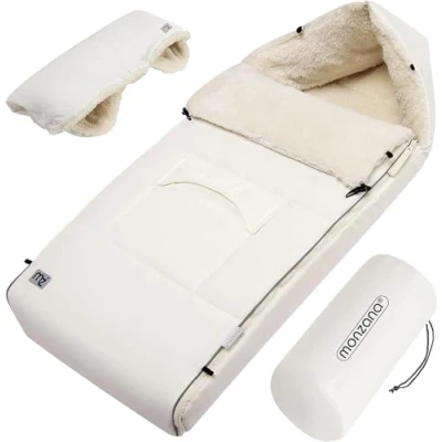 Image of MONZANA® Baby Footmuff with Hand Warmer Reflective Strips Cuddly Winter Blanket Lockable Headrest 5 Point Belt Compatible Zip Removable Washable for Strollers Prams 90x60cm Beige