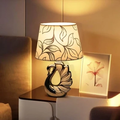 Image of Aigostar Beside Lamp, Table Lamps for Living Room, Bedside Lamp with On Off Switch, E14 Base Bedroom Linen Lampshade, Swan Ceramics Desk Reading, Study, Office