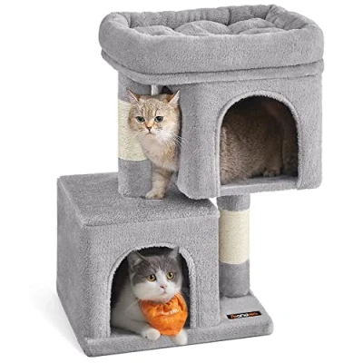 Image of Feandrea Cat Tree, 67 cm Tower, S, Condo for Kittens up to 3 kg, Large Perch, 2 Caves, Scratching Post, Light Grey PCT611W01