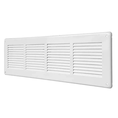 Image of La Ventilazione GL4014RB Rectangular ventilation grille in white painted sheet metal to overlay with insect repellent mesh, size 440x140 mm.
