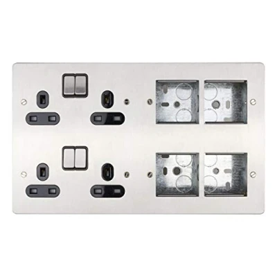 Image of Schneider Electric Ultimate Flat Plate Switched 4 Gang Power Socket, Double Pole, with Combination Media Plate, GU32204DMPBPC, Polished Chrome Black Insert