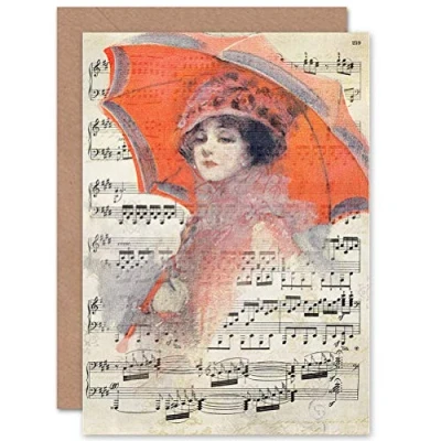 Image of Wee Blue Coo GREETINGS CARD BIRTHDAY GIFT MUSIC SHEET WOMAN RED UMBRELLA DRESS