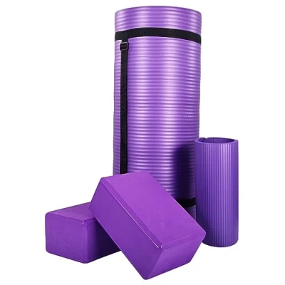 Image of BalanceFrom All Purpose 71&quot; x 24&quot; 1 Inch Extra Thick High Density Anti Tear Exercise Yoga Mat, Knee Pad with Carrying Strap &amp; 2 Blocks, Purple