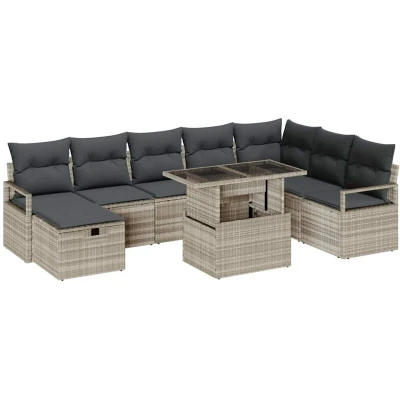Image of vidaXL 9 Piece Garden Sofa Set with Cushions Light Grey Poly Rattan