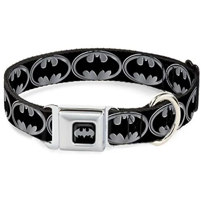 Image of Dog Collar Seatbelt Buckle Batman Shield Black Silver 15 to 26 Inches 1.0 Inch Wide