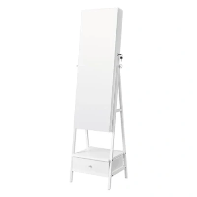 Image of SONGMICS LED Mirror Jewellery Cabinet Standing, Lockable Armoire with Full Length Mirror, Space Saving Organiser Drawer and Shelf, Gift Idea, Cloud White JJC025W01