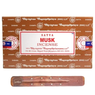 Image of Satya Nag Champa Musk incense sticks x12 pack with SAMASIA holder Used for Muomatherapy, Spa, Yoga, Weddings, Meditation, Healing, Positivity and Relaxation