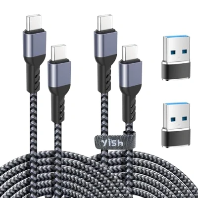 Image of YISH USB C to Charger Cable：65W Cable Fast Charge 3A Braided Type Data Compatible with iPhone 16 15 Pro Max Samsung S24 S23 iPad MacBook Pro/Air, 2 Pack 6.6ft/2m