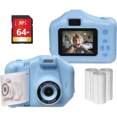 Image of Denver Kids Instant Print Camera with 150 Photo Paper &amp; 64GB SD Card Rechargeable, 10X Zoom Photo, 1440P HD Video Digital for Children 4 Games, Selfie Lens Cartoon Frames Blue