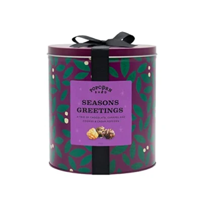 Image of Popcorn Shed Season&#039;s Greetings Gourmet Gift Tin, Ultimate Foodie Xmas Gift, Three Delicious Flavours, Vegetarian Purple 400g