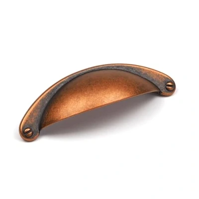 Image of Antique Copper Kitchen Cup Handle Half Moon Aged Rustic Cupboard Cabinet Door Drawer Pull 64mm Centres Furniture Replacement Upcycle