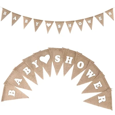 Image of G2PLUS Baby shower Linen Bunting 9 Feet Hessian Flag Banner Rustic Burlap Garlands with 10PCS Jute Triangle Pennants Vintage Cloth Shabby Chic Decoration for