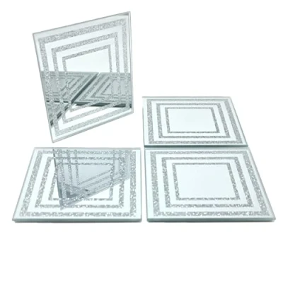 Image of Set of 4 Glass Sparkly Silver Square Glitter Design Mirrored Tea Coffee Coasters