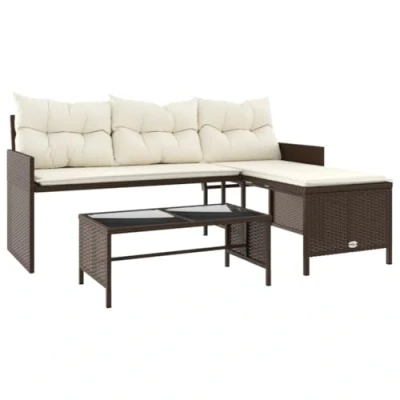 Image of vidaXL L Shaped Garden Sofa Set Brown Poly Rattan with Comfort Cushions, Tempered Glass Table, Durable Outdoor Lounge Furniture, Patio &amp; Terrace