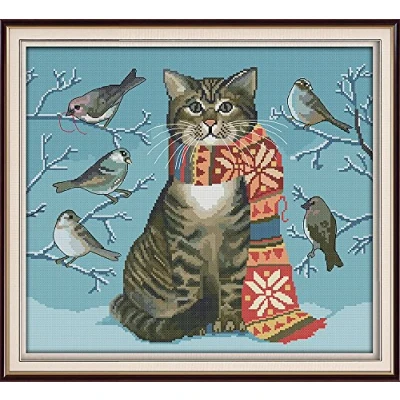Image of Abillyn Embroidery Cross Stitch Kits Cat and Birds Stamped with Printed Pattern Starter Kit (Cat Birds)