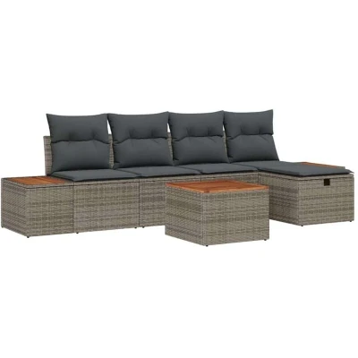Image of vidaXL 6 Piece Garden Sofa Set with Cushions Grey Poly Rattan