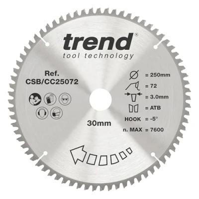 Image of Trend Wood Mitre Saw Blade, 250mm Diameter, 30mm Bore, 72 Teeth, TCT, 3mm Kerf, 5 Hook, CSB/CC25072