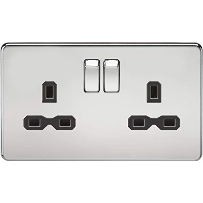 Image of KnightsBridge 13A 2G DP Screwless Polished Chrome 230V UK 3 Pin Switched Electric Wall Socket Black Insert