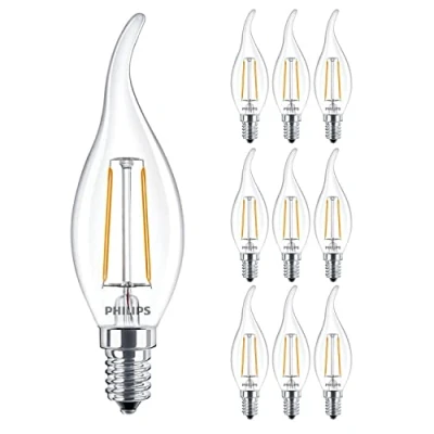 Image of 10 Pack Philips Classic LED Clear Filament Bent Tip Candle Lamp 2W (25W) E14 SES Small Edison Screw 2700k Warm White 250 Lumen 15000 Hours Car Air Freshener Included 80+ CRI