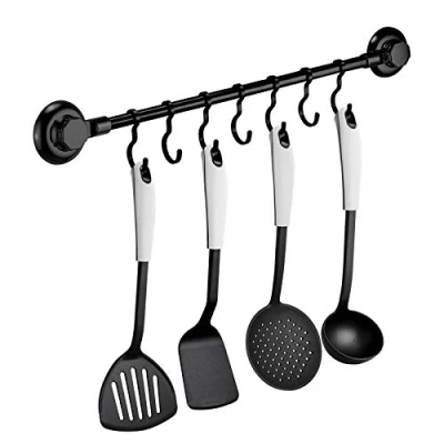 Image of MaxHold No Drilling/Suction Cup Utensil Rack with 7 Hooks Vaccum System Stainless Steel Never Rust Black for Bathroom &amp; Kitchen
