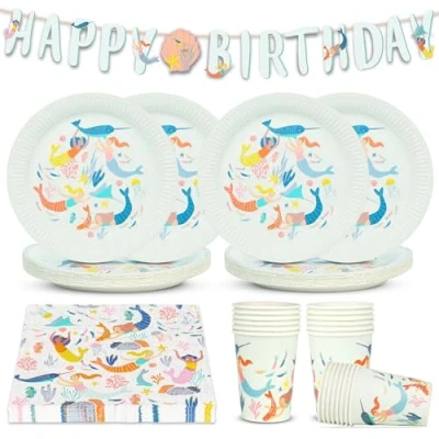 Image of Talking Tables Mermaid Party Decorations and Tableware 50pcs Bundle Includes Happy Birthday Reusable Bunting, 16 x Napkins, Cups, Paper Plates, Disposable Table Cover Under The Sea Themed