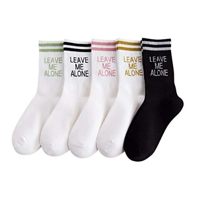 Image of NC 5 Pairs of Women Letter Socks LEAVE ME ALONE Funny Novelty Knitted Ankle High Sock Cotton Knitting, Casual Crew Stocking for Teens Men