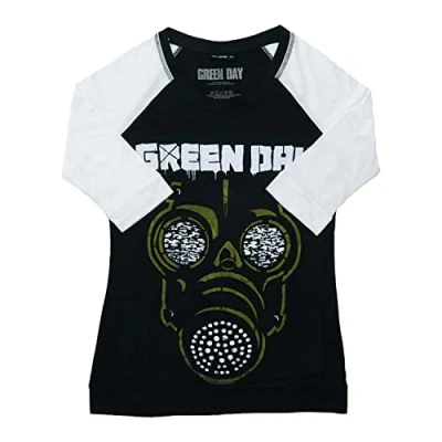 Image of Green Day T Shirt Mask Band Logo Official Black Raglan 3/4 Sleeve Womens XS