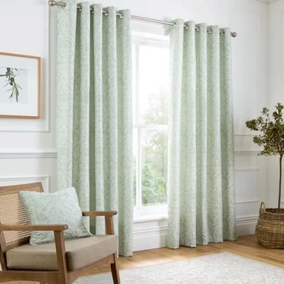Image of Curtina Sage Green Floral &amp; Bird Woven Curtains W90 x L90 (229 229cm) Vintage Flower Eyelet Traditional Drapes for Living Room Bedroom Jacquard Thermal