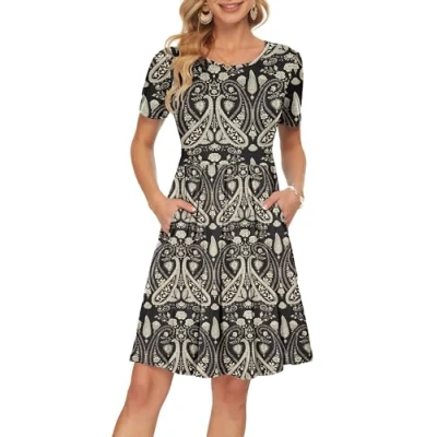 Image of AUSELILY Summer Dresses for Women UK Floral Print Casual Short Sleeve Pleated Loose Swing Dress with Pockets Knee Length Boho Black L
