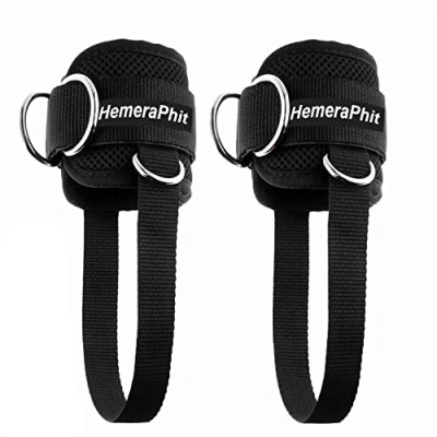 Image of HemeraPhit Exercise Machine Attachment Ankle Cuff Adjustable Straps Workout Leg Training Bodybuilding Gym Equipment, 1Pair(4Dring black)
