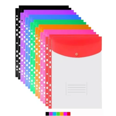 Image of 14 Pack Punched Pockets A4 Plastic Wallets, 11 Holes Expandable Binder Pocket Colourful File Jackets, Transparent Popper Document Folders with Button Closure and Label for School Home Office