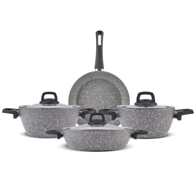Image of Karaca Gris BioGranite 7 Piece Granite Cookware Pot and Pan Set, Non Stick Coating, Dishwasher Safe &amp; Induction Pots Pans, 3 with Glass Lids 1 Frying