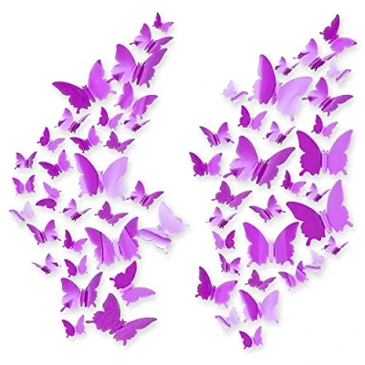 Image of 60pcs Butterfly Wall Stickers, CAYUDEN Purple 3D Mirror Stickers DIY 3 Sizes Paper Butterflies Decoration Sticker Decal for Window Wedding Party Cake