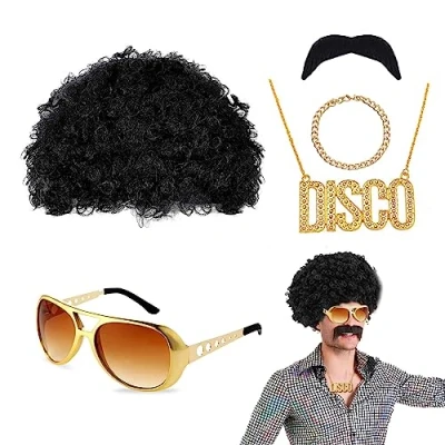 Image of VIKSAUN 5 Pcs Disco Hippie Costume, Accessories, Funky Afro Wig, Hippy Fancy Dress Men, for 60s 70s 80s Costume Themed Party (5 Pcs)