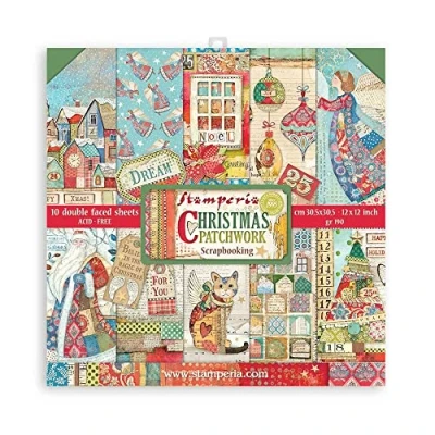 Image of Stamperia International Scrapbooking Pad Christmas Patchwork, Red, Green Teal, 12 x inch