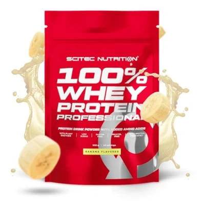 Image of Scitec Nutrition 100% Whey Protein Professional Enhanced with Extra Amino Acids &amp; Digestive Enzymes Gluten Free Palm Oil Free, 500 g, Banana