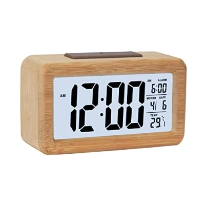 Image of GINZER Wooden Digital Alarm Clock, Large LED Display Wood Grain Smart Sensor Night Light, Snooze and Temperature, Battery Operated, Cuboid Clock for Bedroom Office Bedside Desk