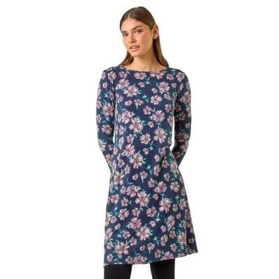 Image of Roman Originals Tunic Dress with Pockets for Women UK Ladies Swing Fit &amp; Flare Skater Slouch Stretchy Casual Smart Winter Jersey Pull On Relaxed Work Office 3/4 Long Sleeves Navy Pink Size 10