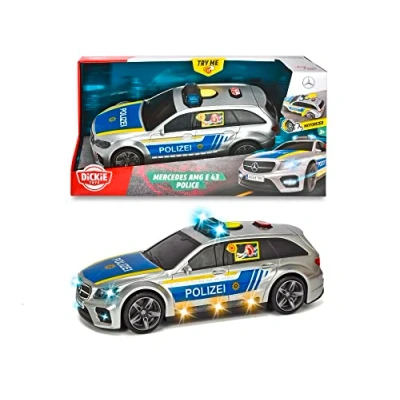 Image of Dickie Toys Mercedes AMG E43 police car, police, engine. Toy tailgate opens at the touch of a button with dog barking sound effect, batteries included, 30 cm, silver/blue (English or German)