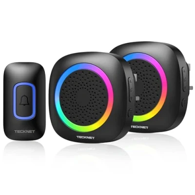 Image of TECKNET Wireless Doorbell, Plug in Door Bells Cordless with 2 Receivers, IP66 Waterproof Chime Kit RGB Light, 400M Range, 60 Chimes, 5 Volume Level (Black)