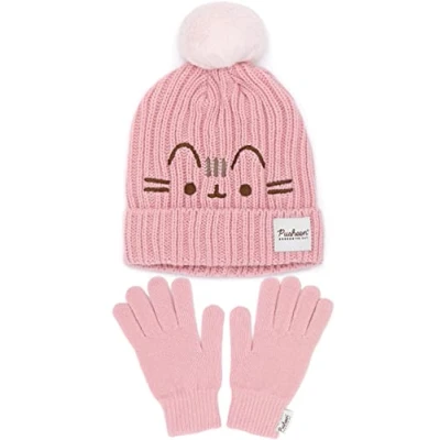 Image of Pusheen Beanie and Gloves Womens Ladies Adults The Cat Cartoon Pink Knitted Woolly Winter Hat Head Hand Warmer One Size