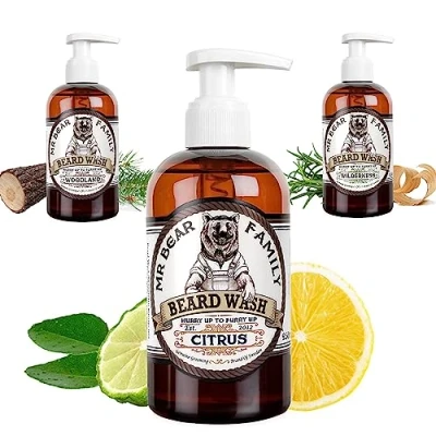 Image of Natural Beard Shampoo for Men Revitalising Vegan Wash Contains Anti Itch Beardruff Oat Extract + Soothing Witch Hazel Vitamin E Fuller, Healthier Hair Citrus 250ml