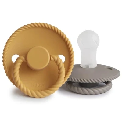 Image of FRIGG Rope Silicone Pacifier Pack of 2 Soother Dummy BPA Free Made in Denmark Symmetrical Cherry Shaped Nipple (Honey Gold/Portobello (0 6 Months))